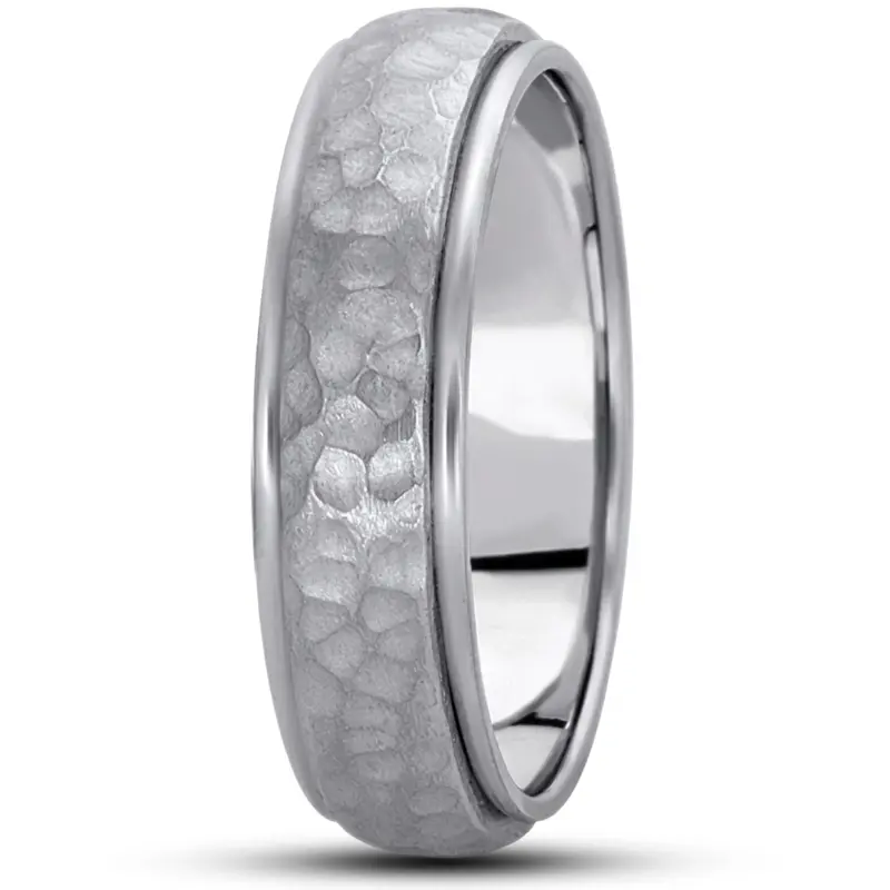 10K white gold 6mm. hammer diamond-carved-wedding-bands - alternate view 7
