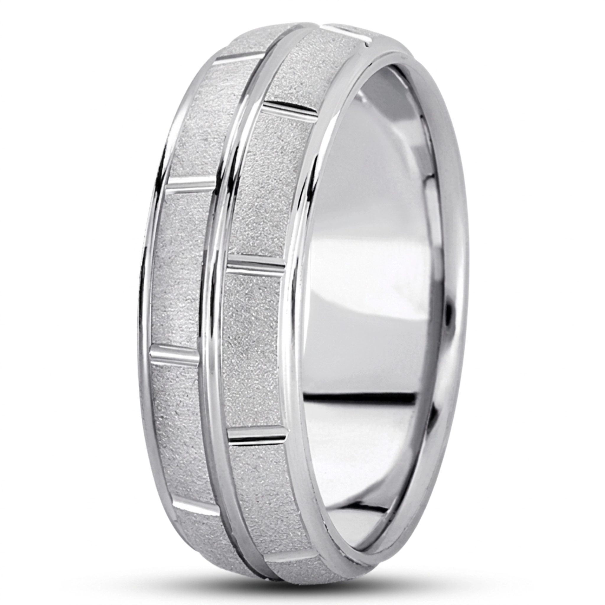 10K white gold 7mm. sand blast diamond-carved-wedding-ring - main view