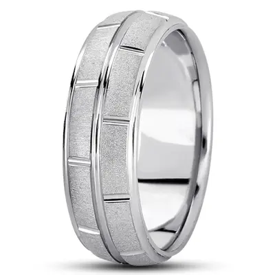 10K white gold 7mm. sand blast diamond-carved-wedding-ring - main view thumbnail