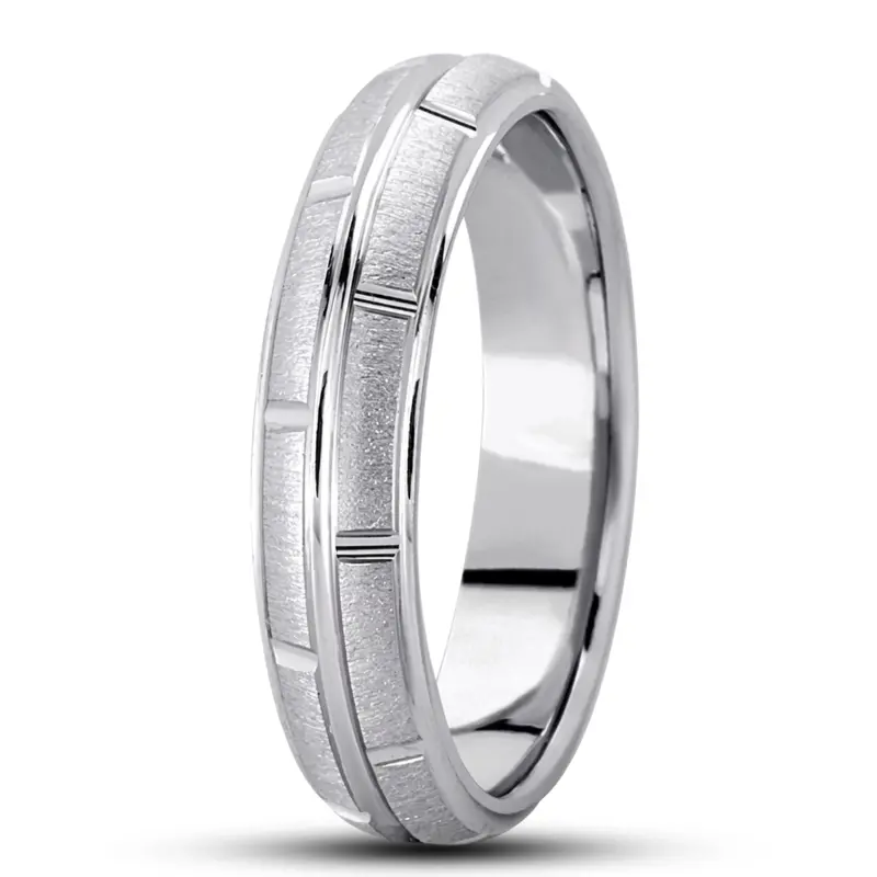 10K white gold 5mm. cross satin diamond-carved-wedding-ring - main view
