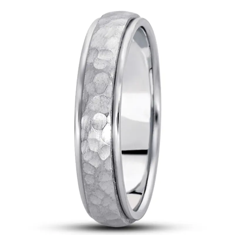 10K white gold 5mm. hammer diamond-carved-wedding-bands - alternate view 6