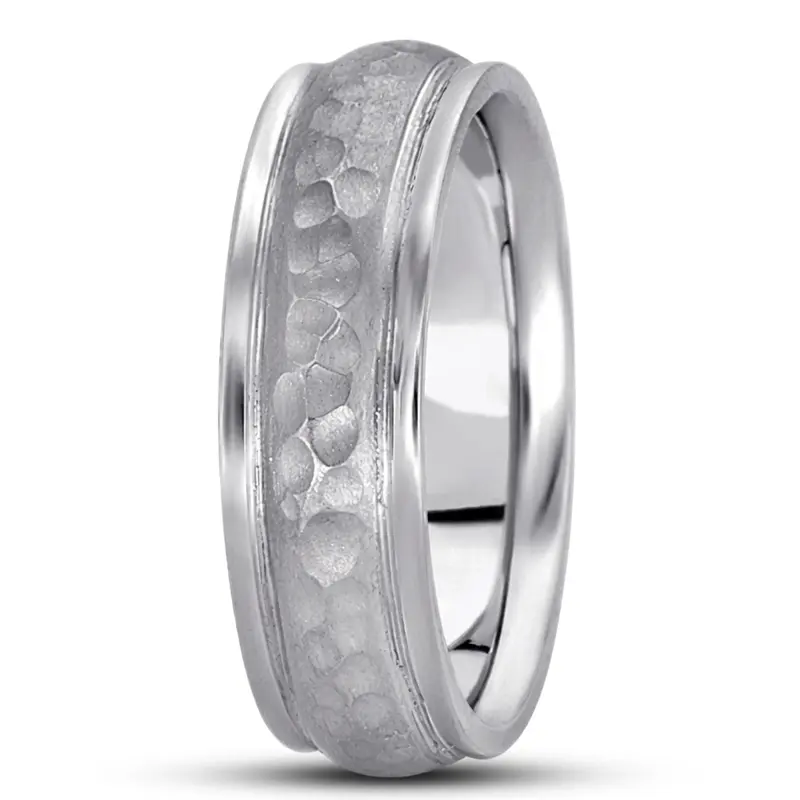 10K white gold 7mm. hammer diamond-carved-wedding-bands - alternate view 5