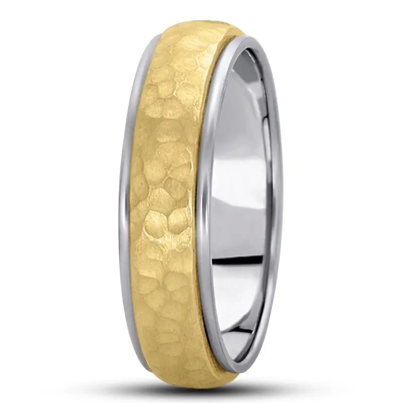 10K white-yellow-white gold 6mm. hammer diamond-carved-wedding-bands - alternate view 2