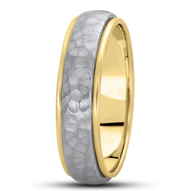10K yellow-white-yellow gold 6mm. hammer diamond-carved-wedding-bands - alternate view 3