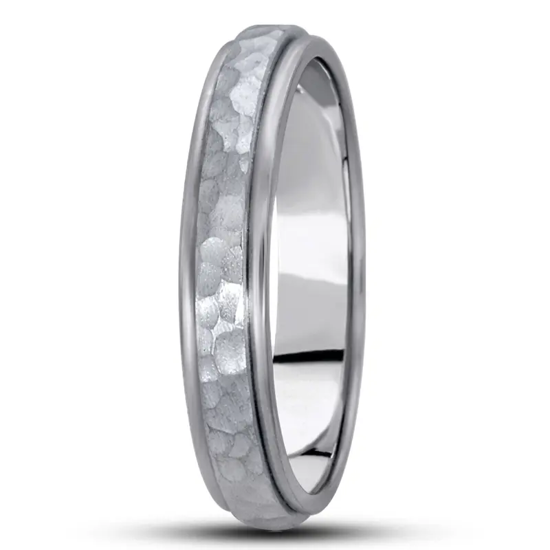 10K white gold 4mm. hammer diamond-carved-wedding-bands - main view