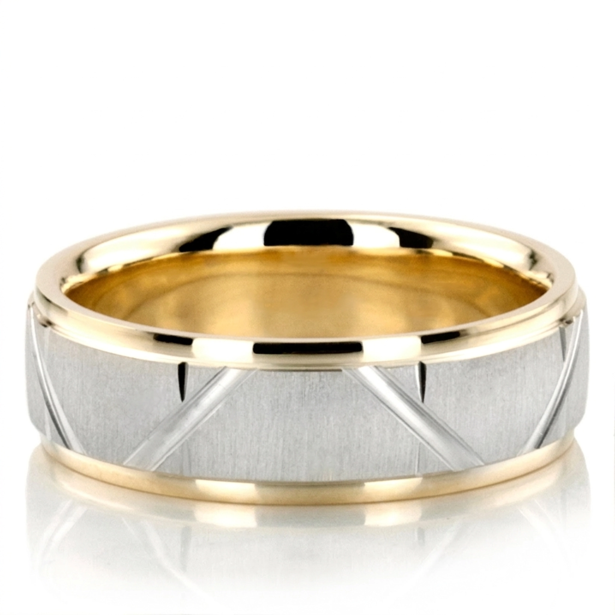 10K yellow-white-yellow gold 6.5mm cross satin two-tone-wedding-band - main view