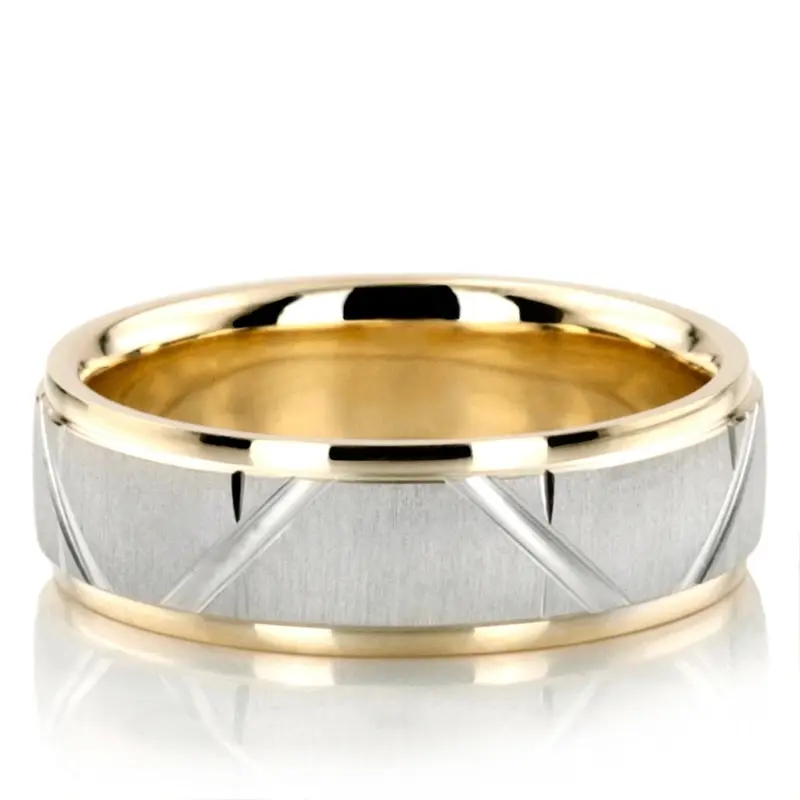 18K yellow-white-yellow gold 6.5mm cross satin two-tone-wedding-band - main view