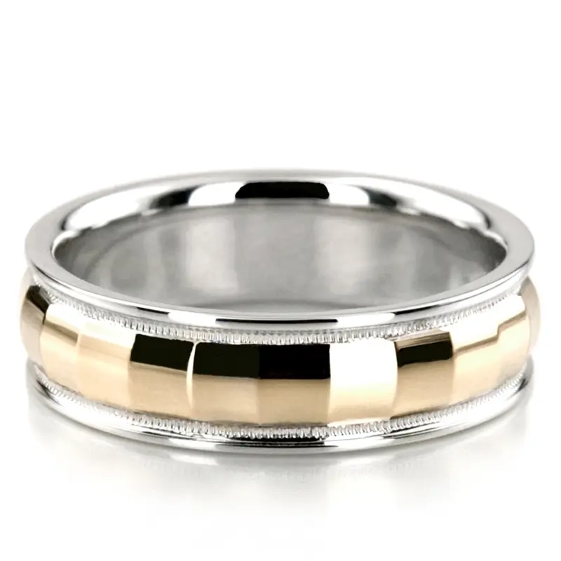 18K white-yellow-white gold 6mm. high polish diamond-carved-wedding-ring - main view