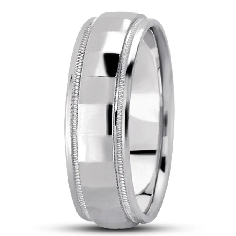 18K white gold 7mm. high polish diamond-carved-wedding-ring - alternate view 4