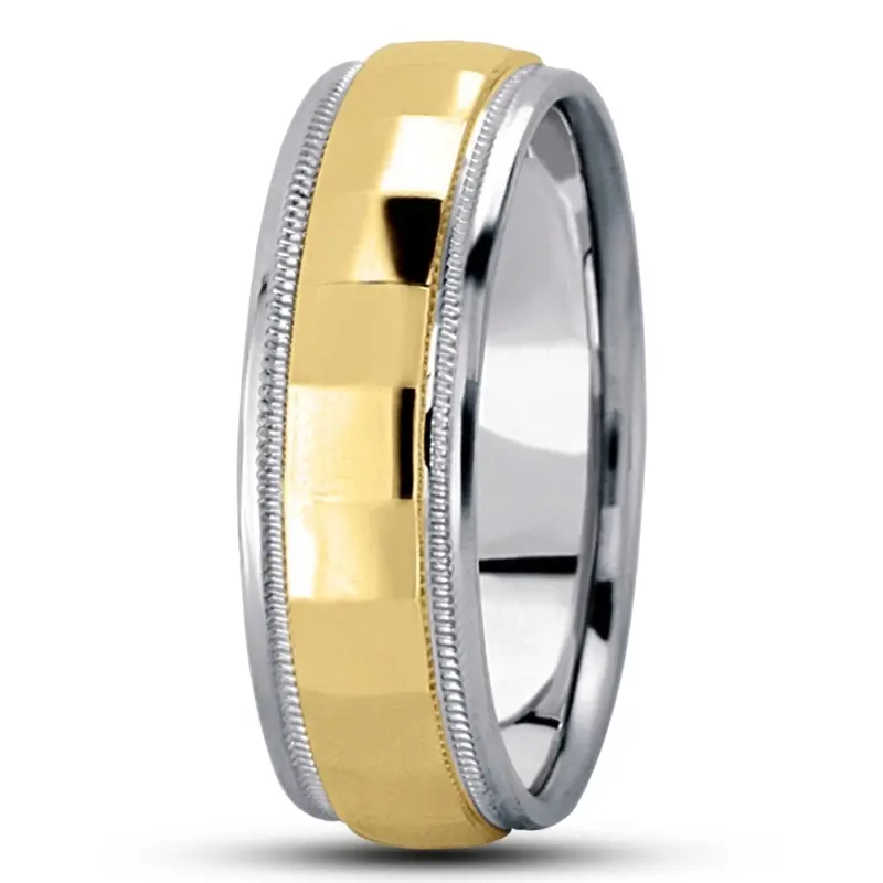 18K white-yellow-white gold 7mm. high polish diamond-carved-wedding-ring - alternate view 8