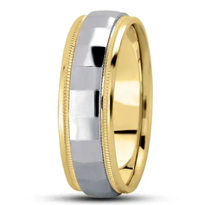 10K yellow-white-yellow gold 7mm. high polish diamond-carved-wedding-ring - alternate view 9 thumbnail