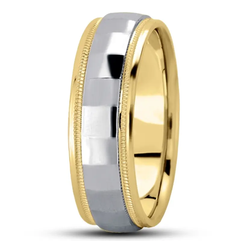 18K yellow-white-yellow gold 7mm. high polish diamond-carved-wedding-ring - alternate view 9