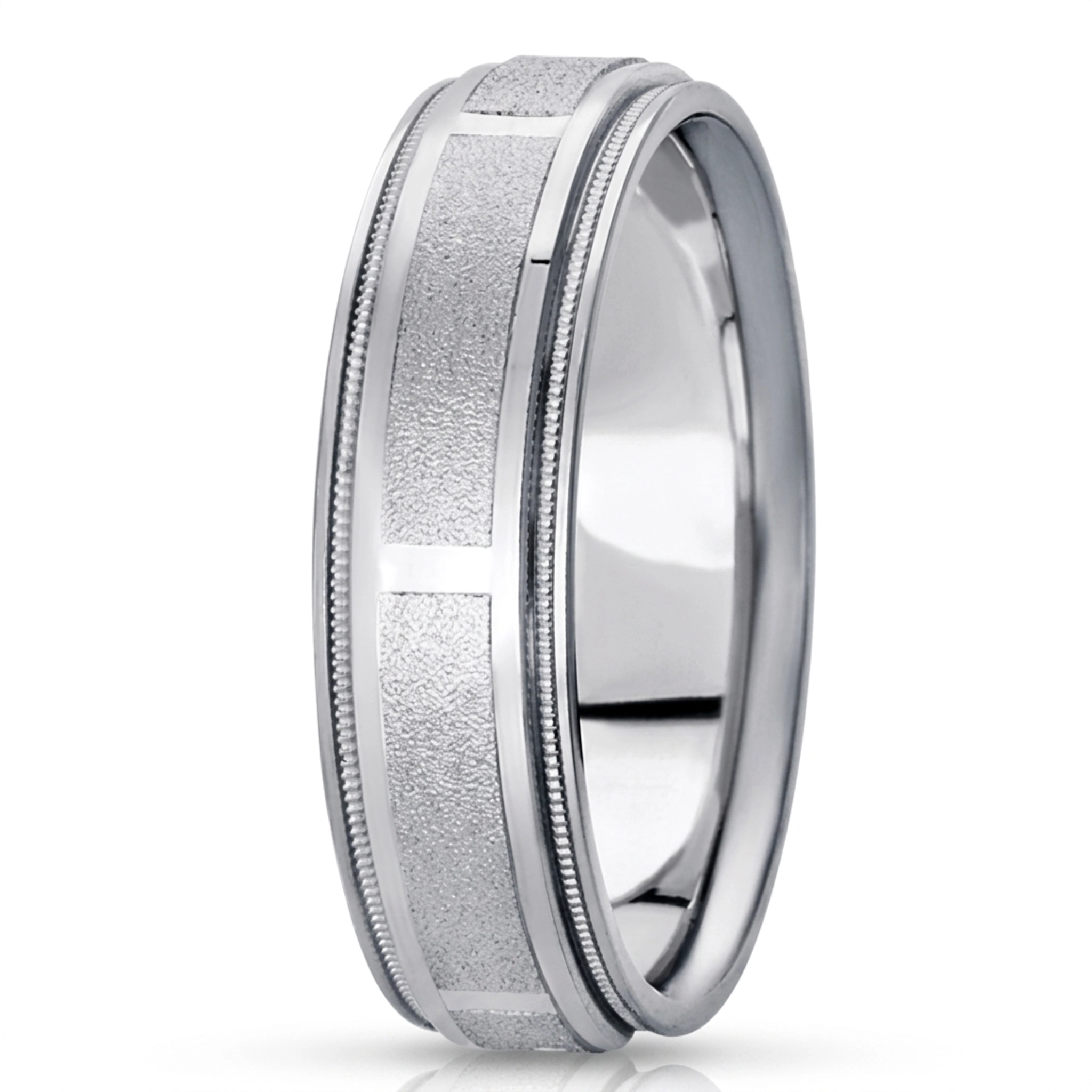 10K white gold 7mm. stone finish diamond-carved-weddingband - main view