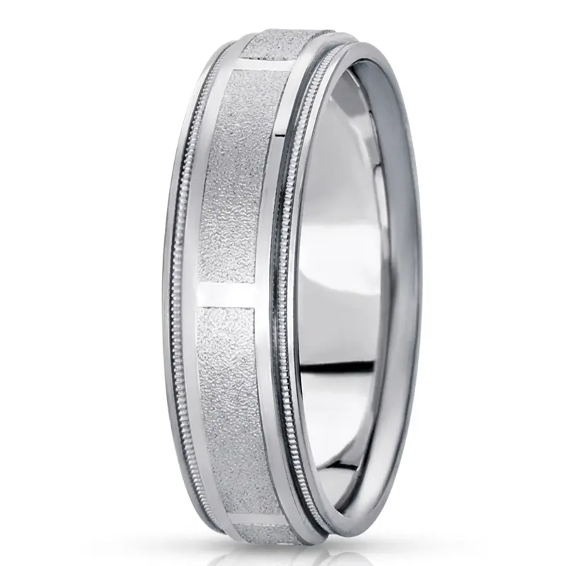 10K white gold 7mm. stone finish diamond-carved-weddingband - main view