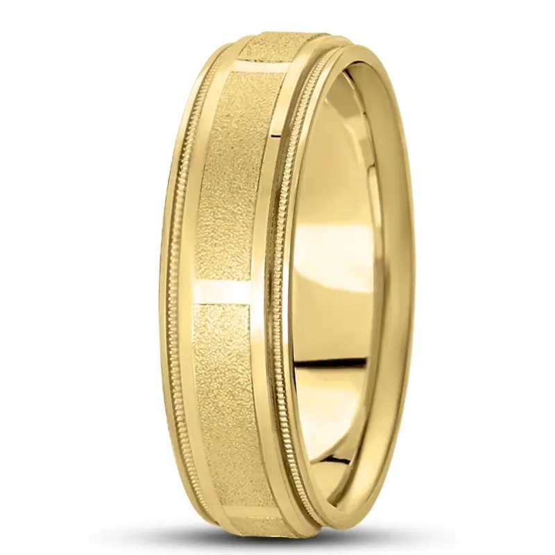 10K yellow gold 7mm. stone finish diamond-carved-weddingband - alternate view 2