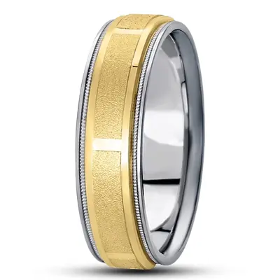 10K white-yellow-white gold 7mm. stone finish diamond-carved-weddingband - alternate view 3 thumbnail