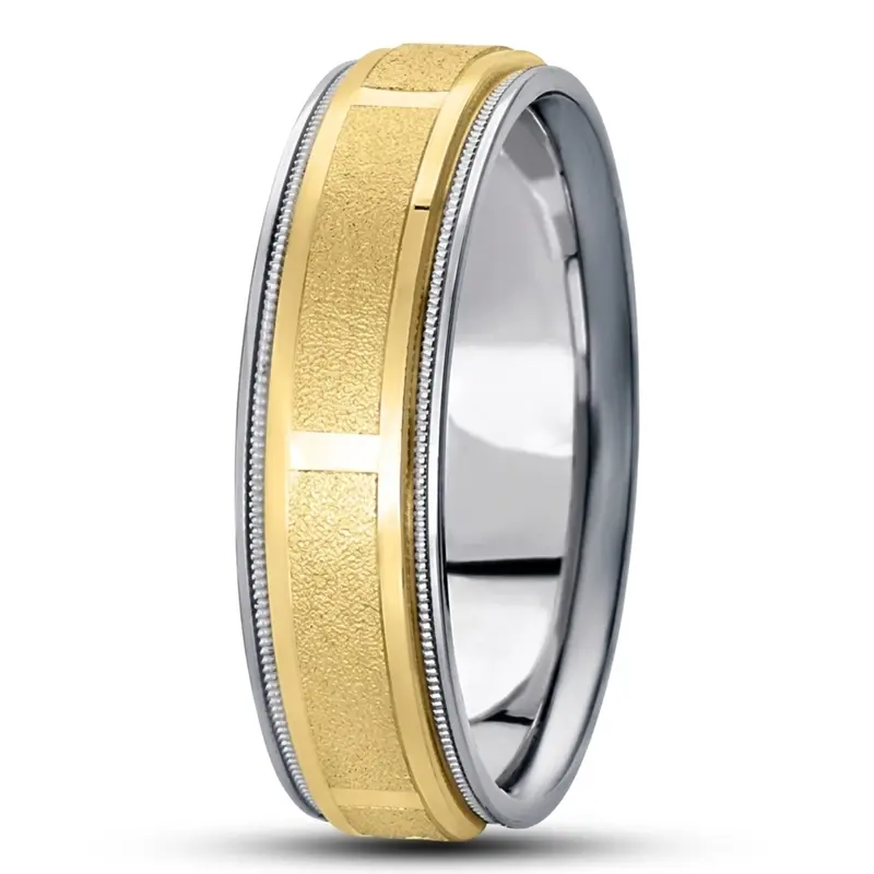 10K white-yellow-white gold 7mm. stone finish diamond-carved-weddingband - alternate view 3