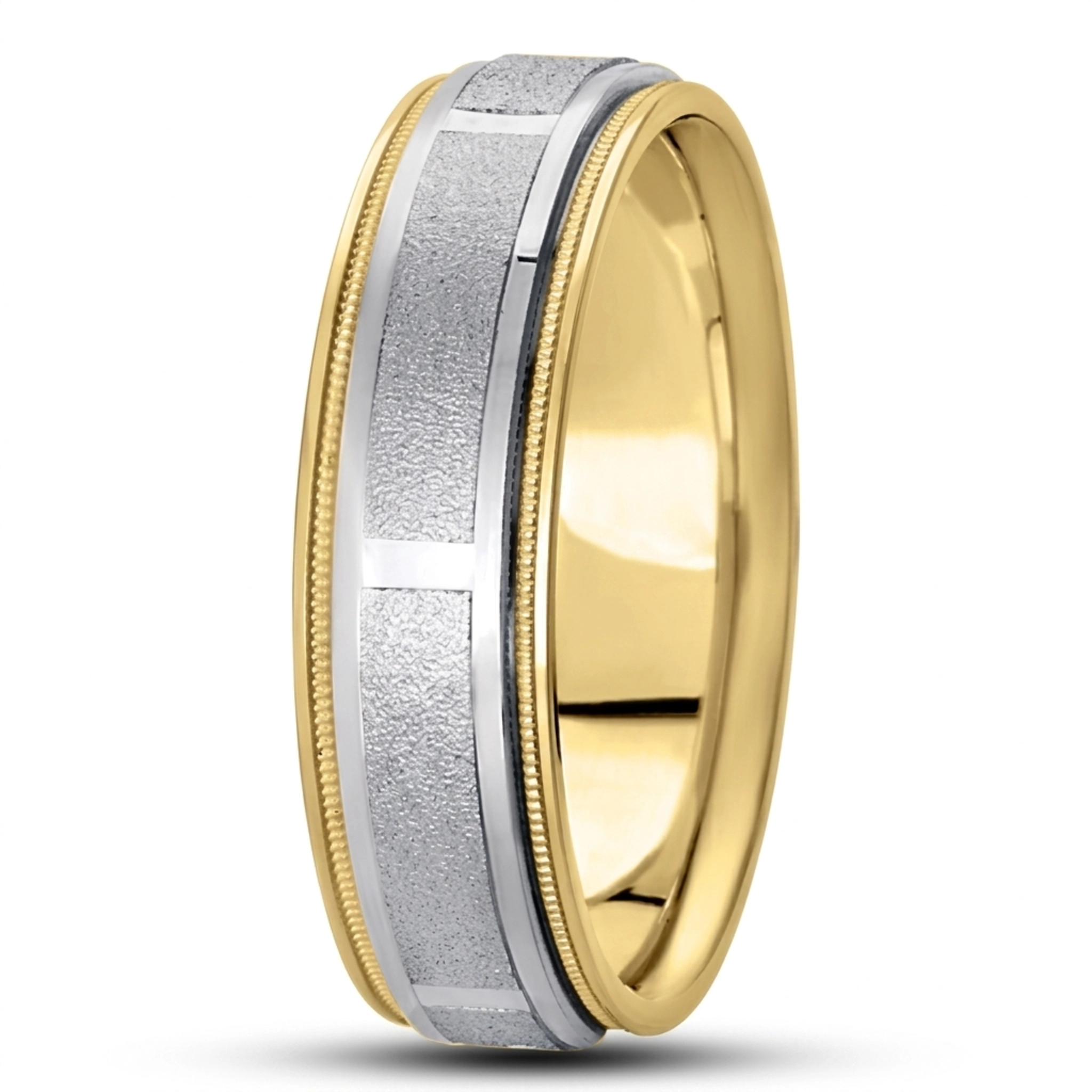 10K yellow-white-yellow gold 7mm. stone finish diamond-carved-weddingband - alternate view 4
