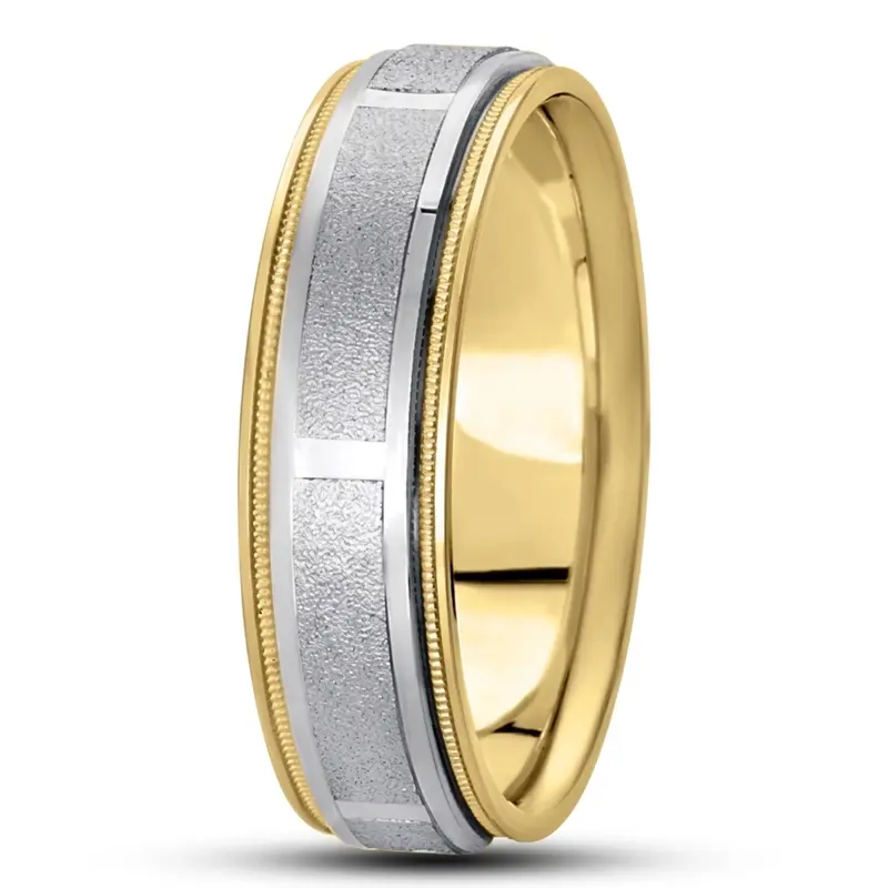 10K yellow-white-yellow gold 7mm. stone finish diamond-carved-weddingband - alternate view 4
