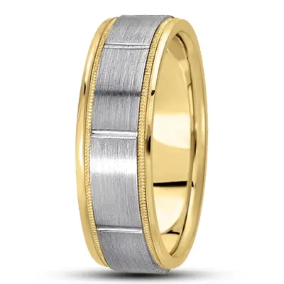 10K yellow-white-yellow gold 8mm. satin diamond-carved-wedding-bands - alternate view 6 thumbnail