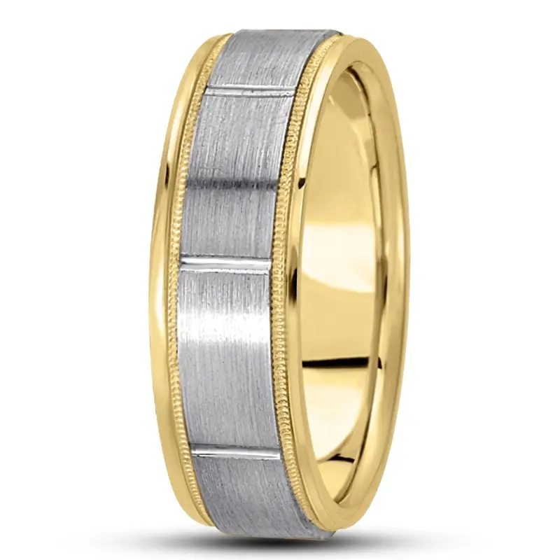 10K yellow-white-yellow gold 8mm. satin diamond-carved-wedding-bands - alternate view 6