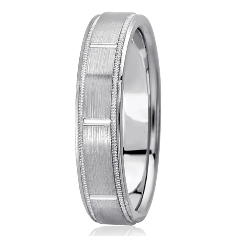 10K white gold 6mm. satin diamond-carved-wedding-bands - main view