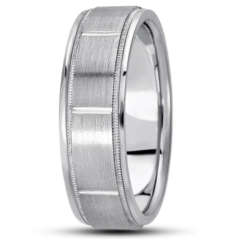 10K white gold 8mm. satin diamond-carved-wedding-bands - alternate view 4