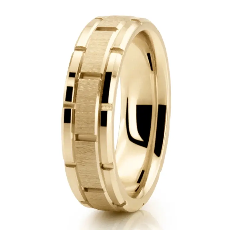 10K yellow gold 6.5mm cross satin Rolex Style Gridline Wedding Band - alternate view 2