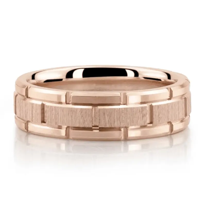 10K pink gold 6.5mm cross satin Rolex Style Gridline Wedding Band - alternate view 3