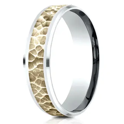 14K white-yellow-white gold 6mm. hammer Benchmark-6mm-Comfort-Fit-Drop-Bevel-Hammered-Fini - alternate view 2 thumbnail