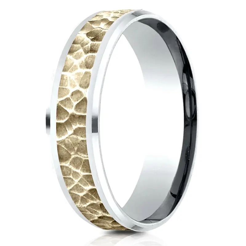 14K white-yellow-white gold 6mm. hammer Benchmark-6mm-Comfort-Fit-Drop-Bevel-Hammered-Fini - alternate view 2