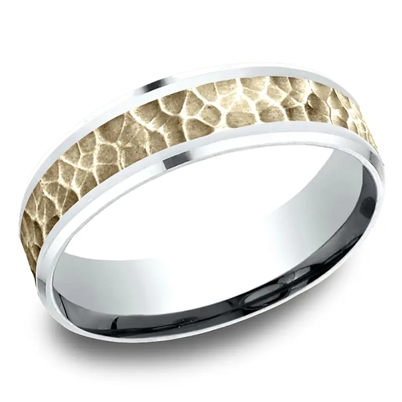 14K white-yellow-white gold 6mm. hammer Benchmark-6mm-Comfort-Fit-Drop-Bevel-Hammered-Fini - alternate view 3