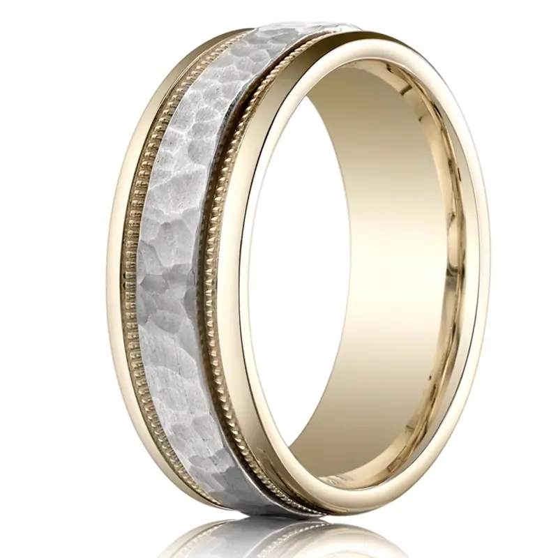 10K same as picture gold 8mm. hammer Two-Toned-Hammered-Carved-Design-Band - main view