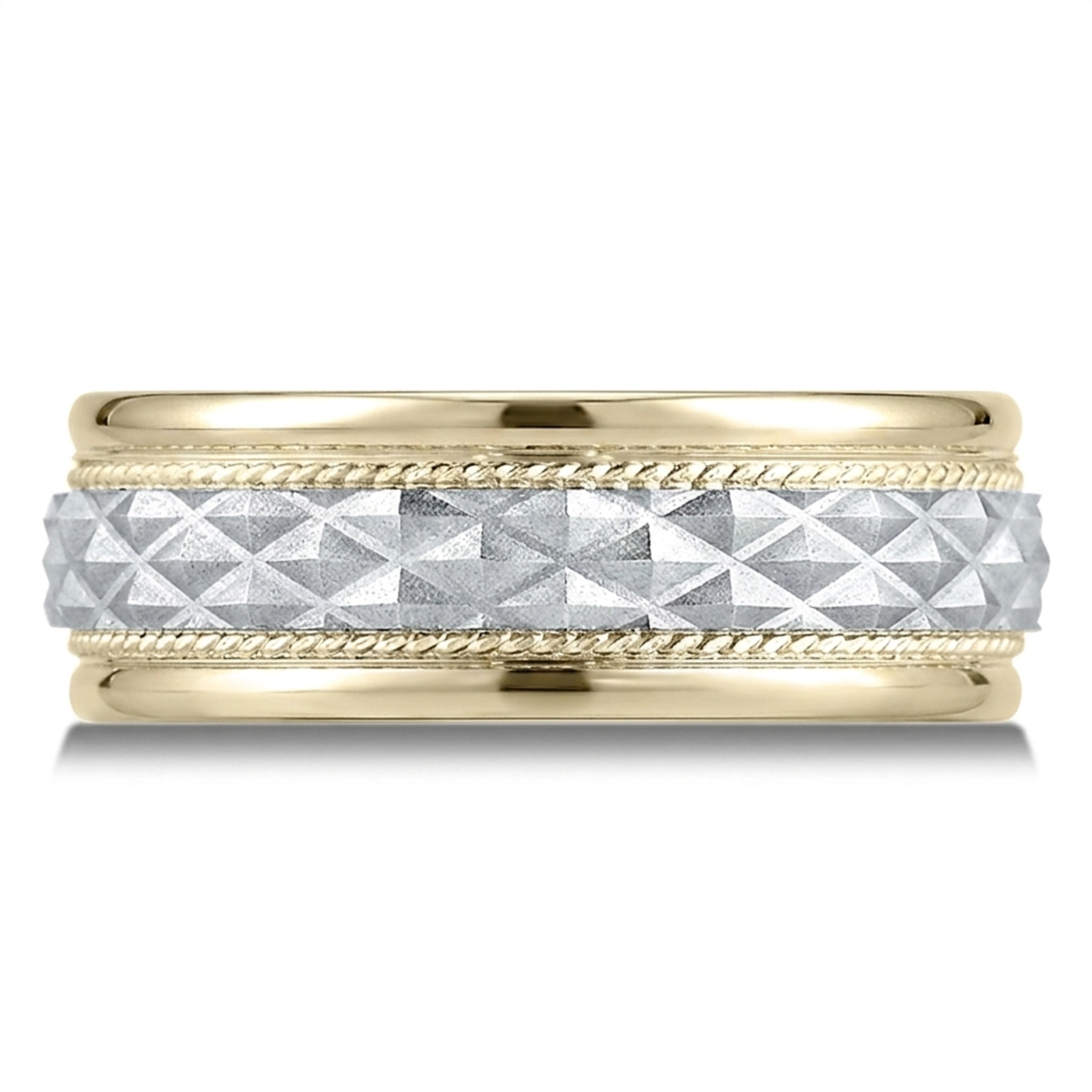 14K yellow-white-yellow gold 8mm. wire matte Benchmark-8mm-Comfort-Fit-Round-Edge-Cross-Hatch-P - main view