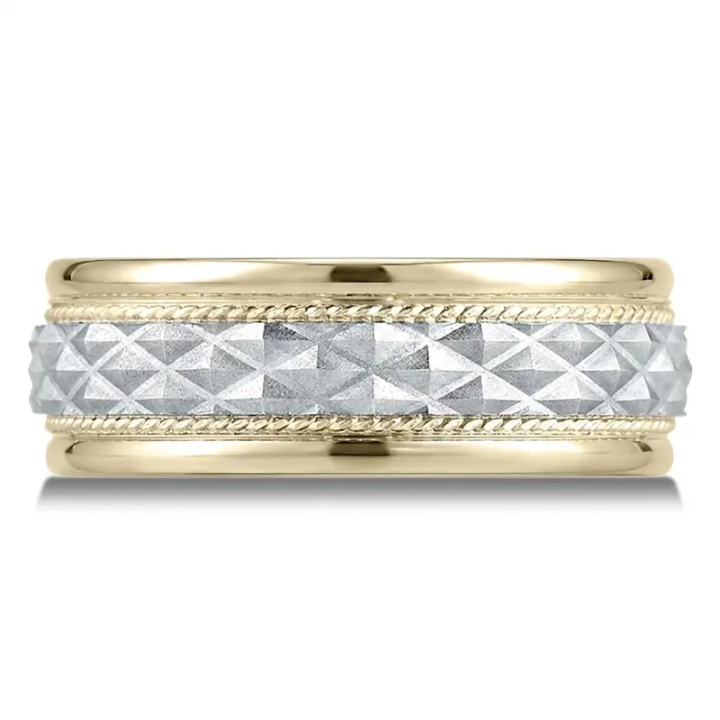 14K yellow-white-yellow gold 8mm. wire matte Benchmark-8mm-Comfort-Fit-Round-Edge-Cross-Hatch-P - main view