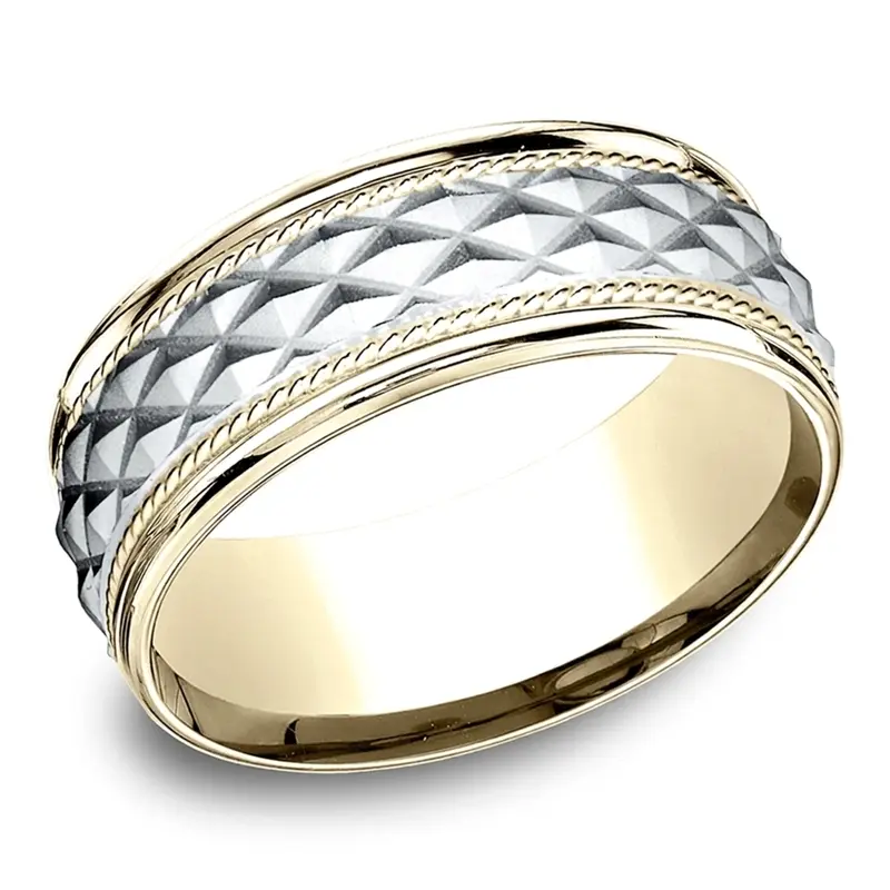 14K yellow-white-yellow gold 8mm. wire matte Benchmark-8mm-Comfort-Fit-Round-Edge-Cross-Hatch-P - alternate view 3
