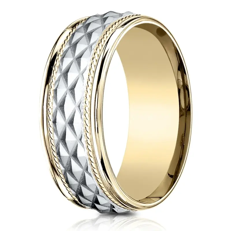 14K yellow-white-yellow gold 8mm. wire matte Benchmark-8mm-Comfort-Fit-Round-Edge-Cross-Hatch-P - alternate view 2