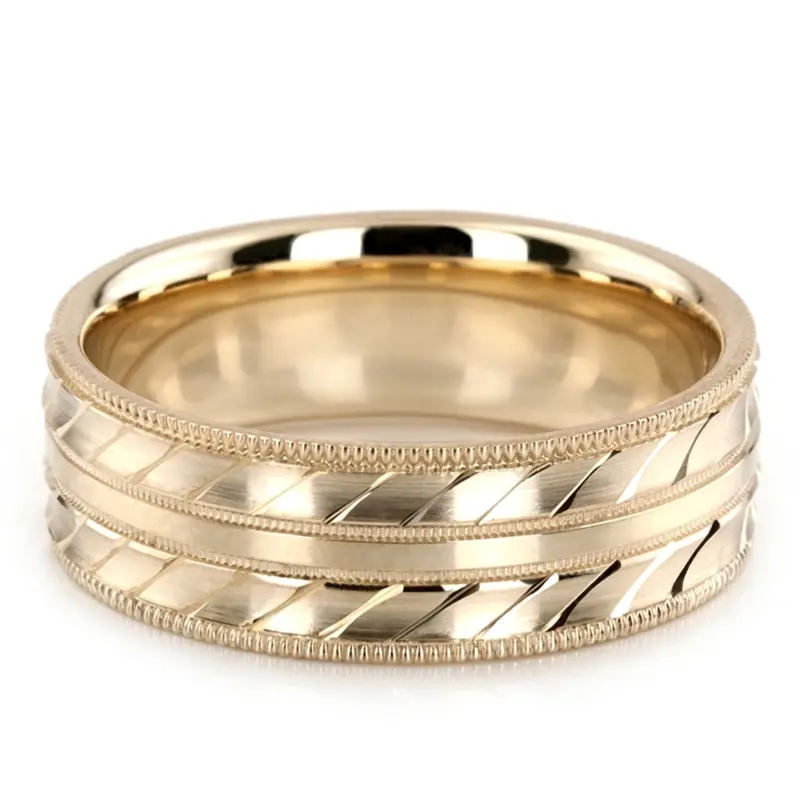 14K yellow gold 7mm. satin basic-carved-diamond-cut-wedding-ring - main view