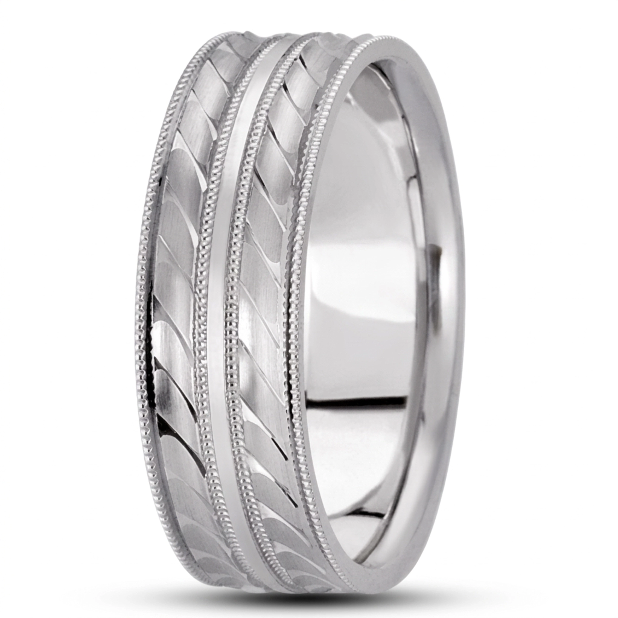 10K white gold 7mm. satin basic-carved-diamond-cut-wedding-ring - alternate view 4