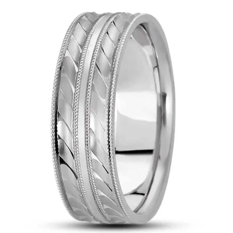 14K white gold 7mm. satin basic-carved-diamond-cut-wedding-ring - alternate view 4