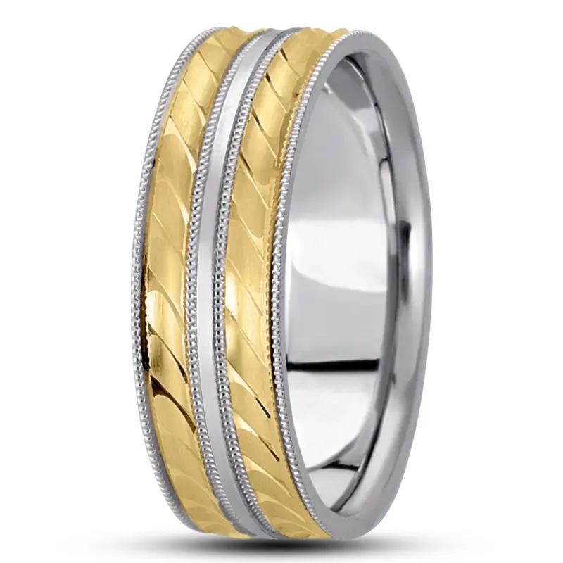 14K w-y-w-y-w gold 7mm. satin basic-carved-diamond-cut-wedding-ring - alternate view 2