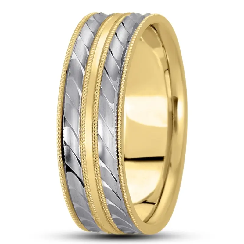 14K y-w-y-w-y gold 7mm. satin basic-carved-diamond-cut-wedding-ring - alternate view 5