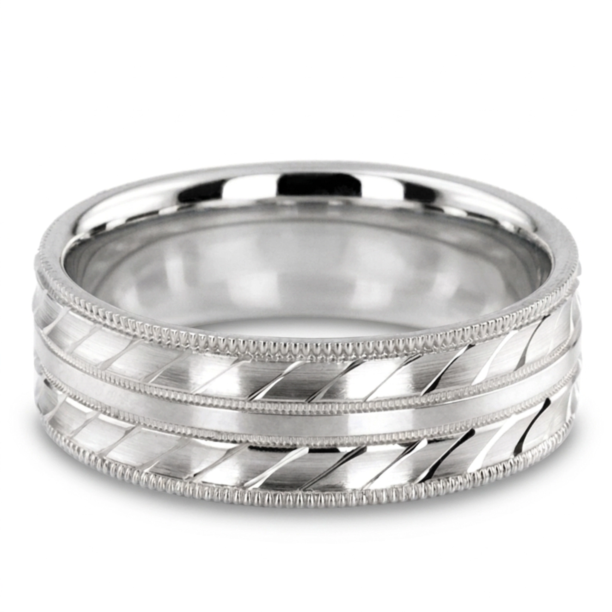 10K white gold 7mm. satin basic-carved-diamond-cut-wedding-ring - main view