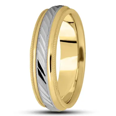 10K yellow-white-yellow gold 6mm. high polish basic-carved-diamond-cut-wedding-ring - alternate view 3 thumbnail
