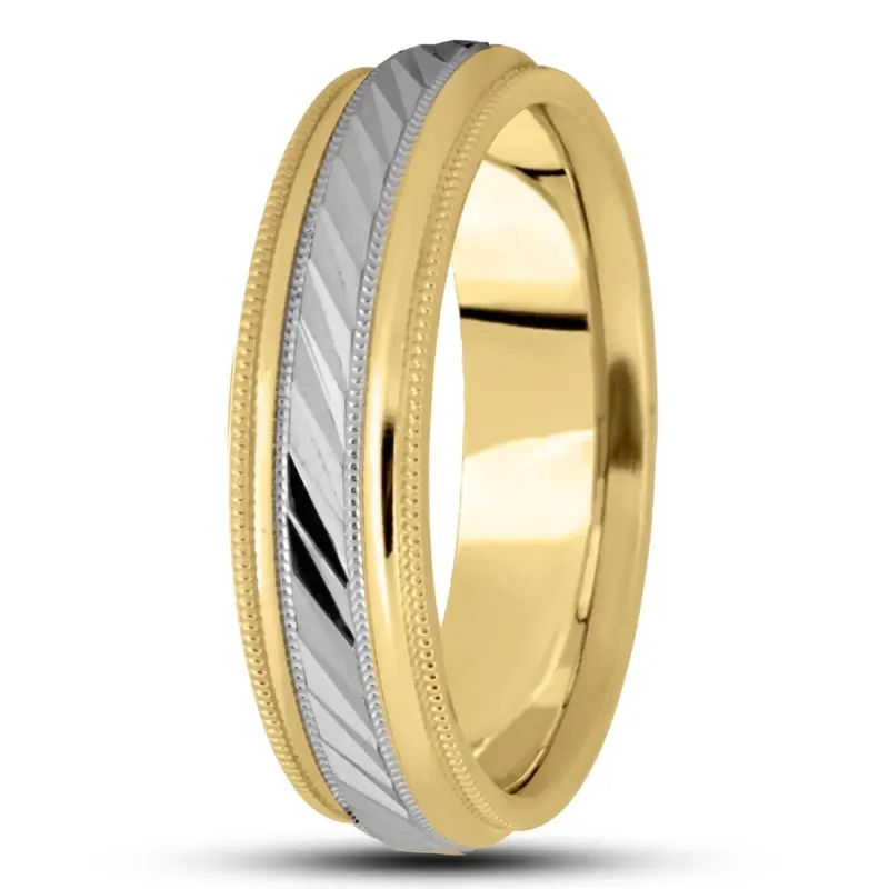 10K yellow-white-yellow gold 6mm. high polish basic-carved-diamond-cut-wedding-ring - alternate view 3