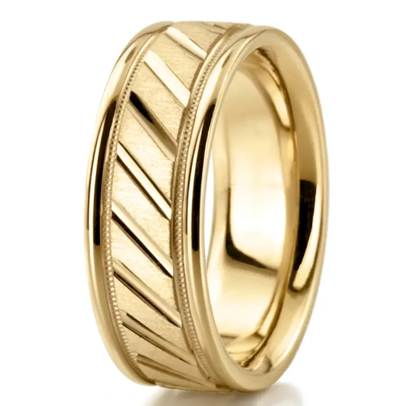 10K yellow gold 7mm. cross satin diamond-cut-wedding-ring - alternate view 3