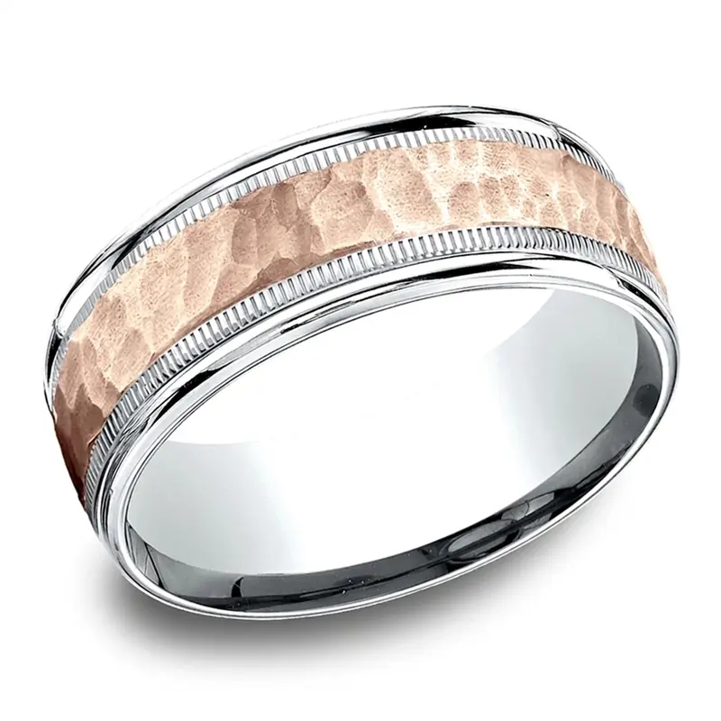 10K white-pink-white gold 8mm. hammer Two-Toned-8mm-Comfort-Fit-Hammer-Finish-Design-Ban - alternate view 4