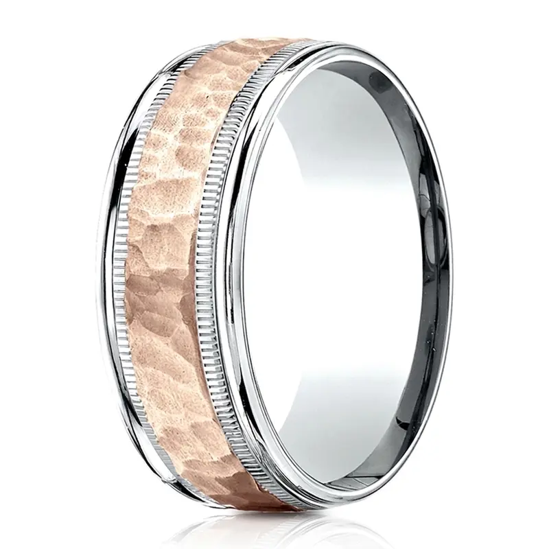 10K white-pink-white gold 8mm. hammer Two-Toned-8mm-Comfort-Fit-Hammer-Finish-Design-Ban - alternate view 3