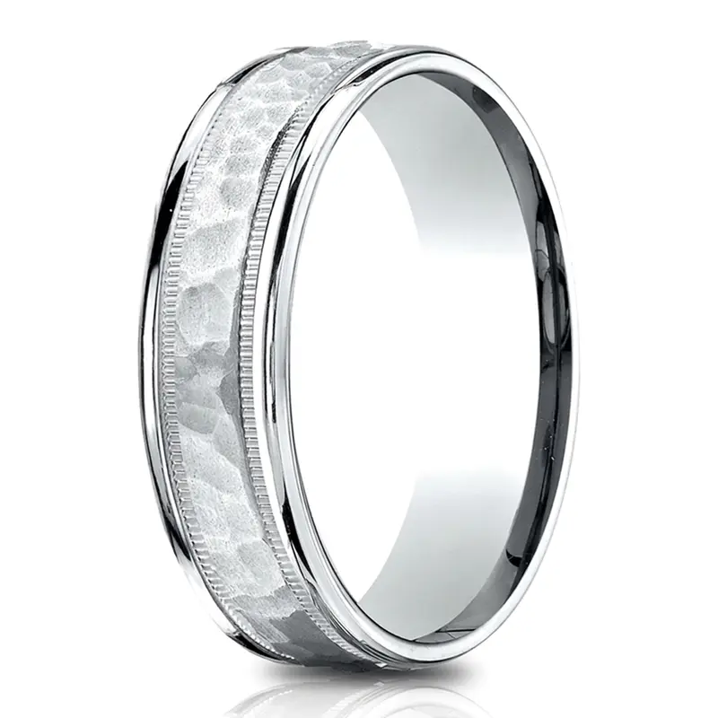 14K white gold 6.5mm hammer Light-Comfort-Hammered-Center-High-Polish-Round - alternate view 2