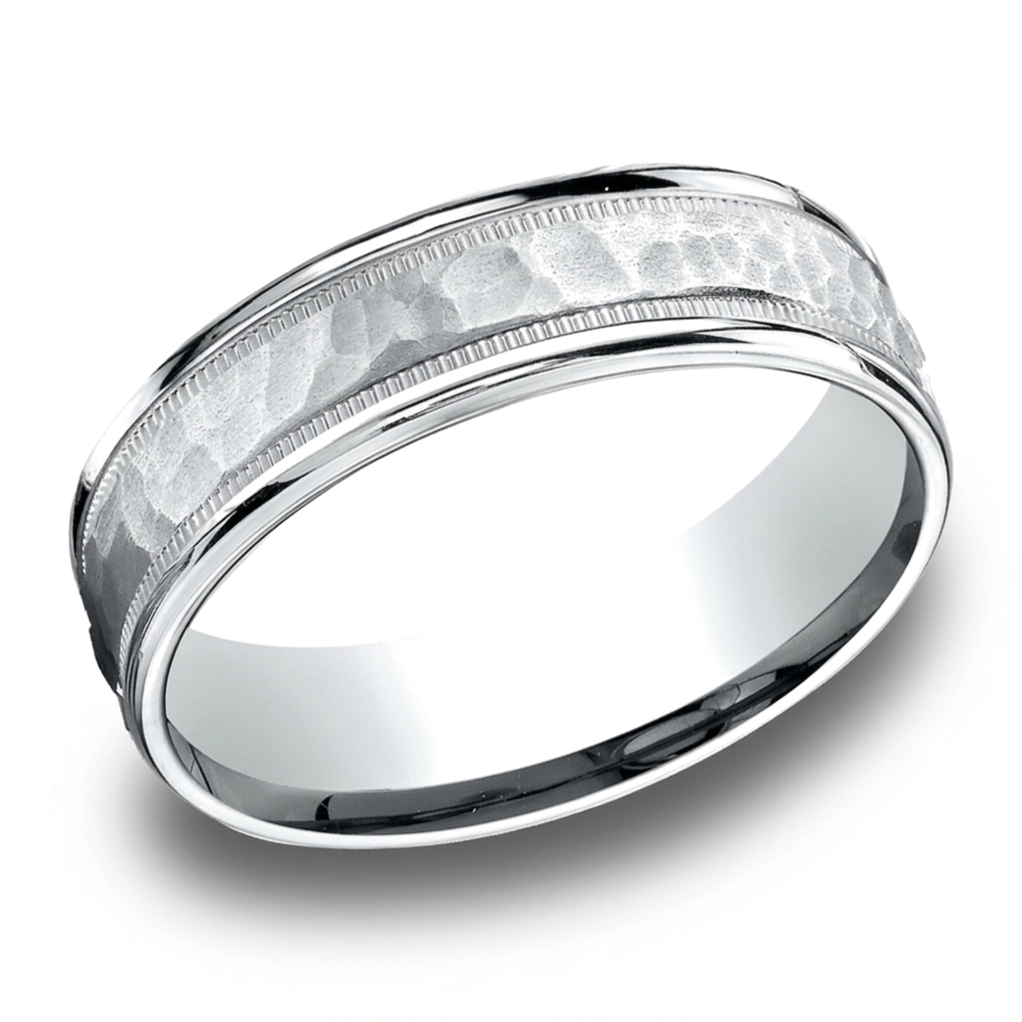14K white gold 6.5mm hammer Light-Comfort-Hammered-Center-High-Polish-Round - alternate view 4